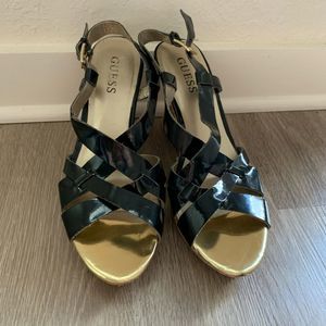 GUESS Cork Wedges Black Size 8 Patton Leather